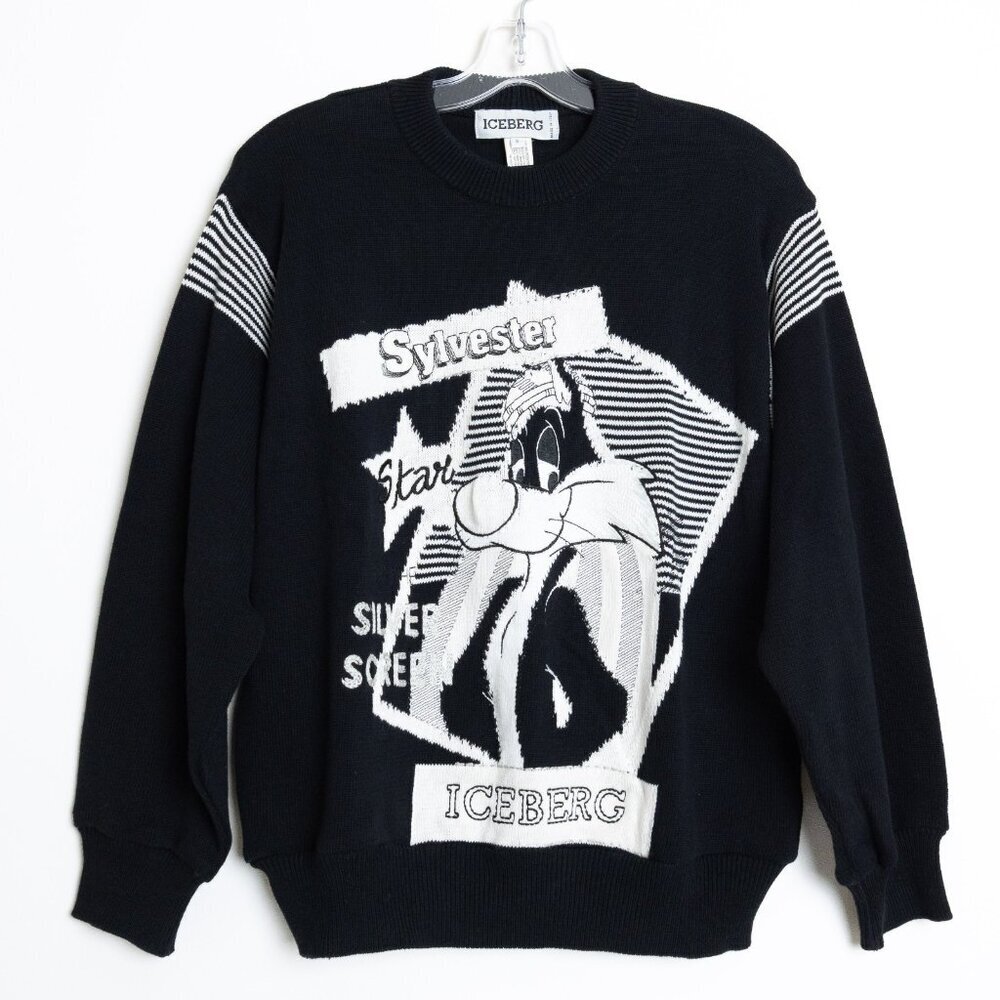 Vintage Iceberg Sylvester Knit Sweater Black White Warner Bros 1993 Small Italy